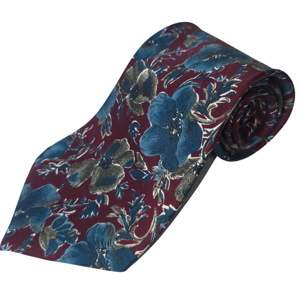 Reed St James Tie 100% Silk Made in USA Maroon Red Blue Floral 54"x 4" Vintage
